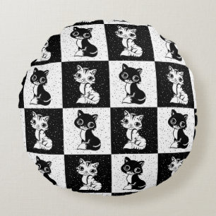 Black White Cat Chequered Block Print Round Cushion