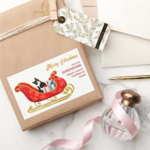 Black White Cat Christmas Gift Sleigh Rectangular Sticker