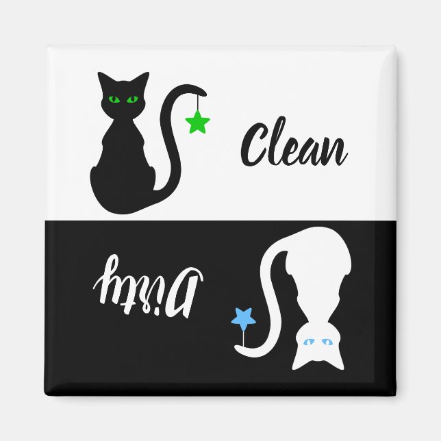 Black/White Cat Clean Dirty Dishwasher Magnet (Front)