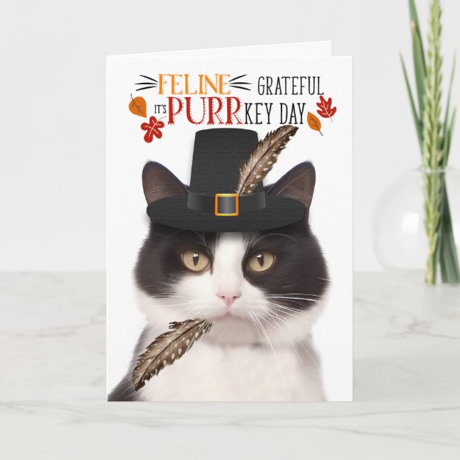 Black White Cat Feline Grateful for PURRkey Day Holiday Card (Front)