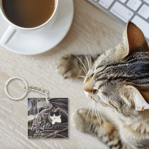 Black White Cat Gargoyle Business Logo Key Ring