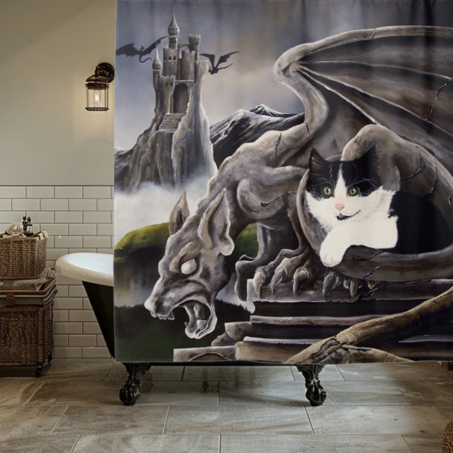 Black White Cat Gargoyle Shower Curtain (Creator Uploaded)