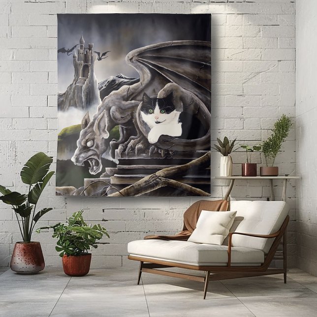 Black White Cat Gargoyle  Tapestry (Creator Uploaded)