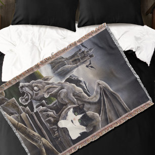 Black White Cat Gargoyle Throw Blanket