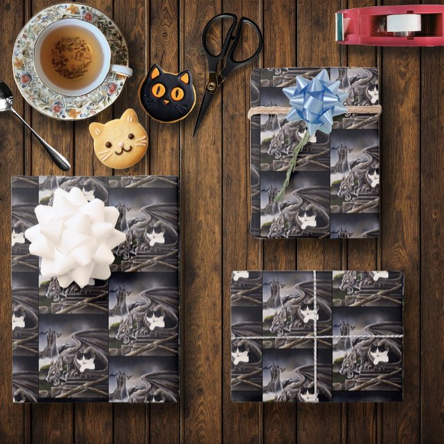 Black White Cat Gargoyle Wrapping Paper Sheet (Creator Uploaded)
