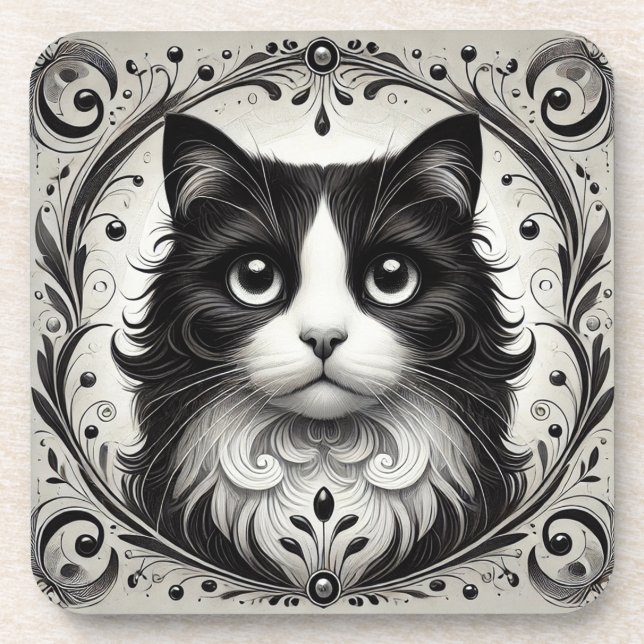 🐱 Black & White Cat Glow ❄️ Elegant Portrait Coaster (Front)