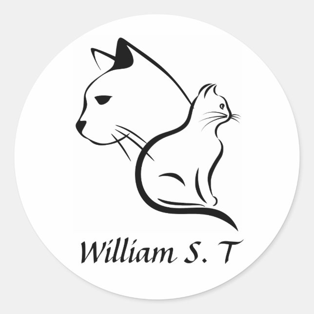 Black & White Cat Line Art with Personalised Name Classic Round Sticker (Front)