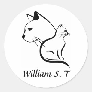 Black & White Cat Line Art with Personalized Name Classic Round Sticker
