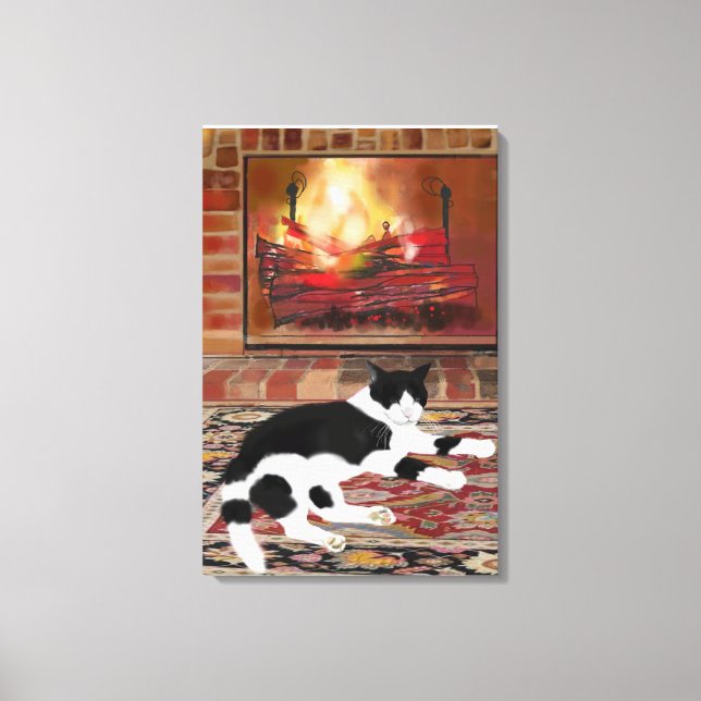 Black White Cat Lying front of Fireplace  Canvas Print (Front)