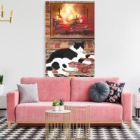 Black White Cat Lying front of Fireplace 