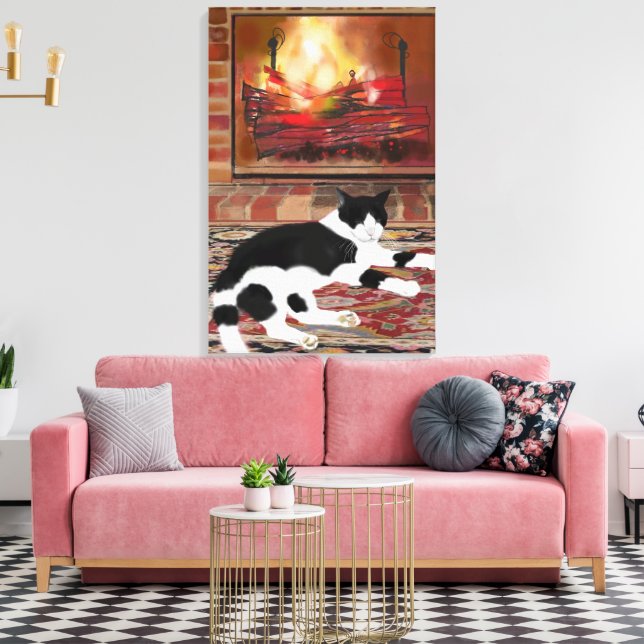 Black White Cat Lying front of Fireplace  Canvas Print (Insitu(LivingRoom))