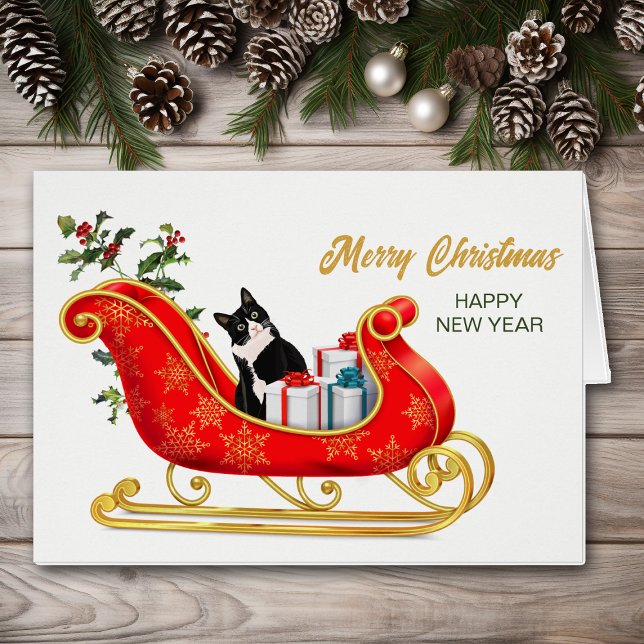 Black White Cat Meowy Christmas Sleigh Card (Creator Uploaded)