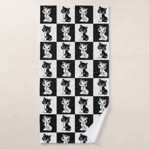Black White Cat Monogram Block Print Bath Towel