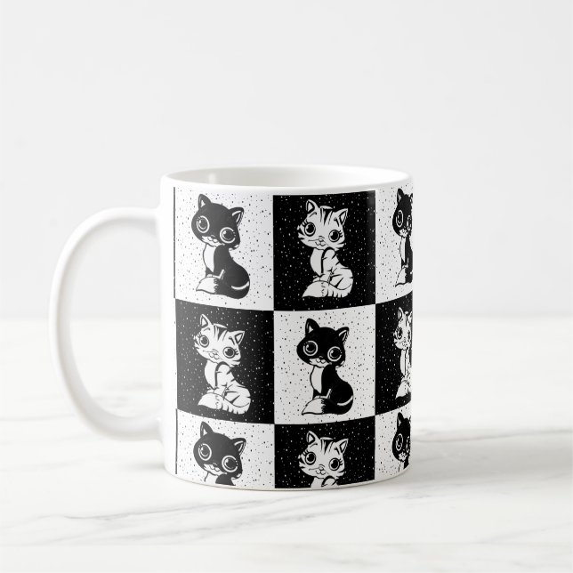 Black White  Cat Monogram Block Print Coffee Mug (Left)