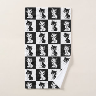 Black White Cat Monogram Block Print Hand Towel