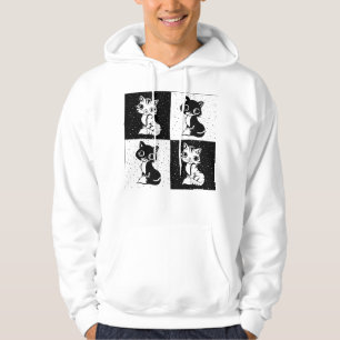 Black White  Cat Monogram Block Print Hoodie