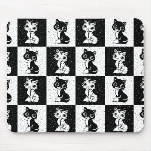 Black White Cat Monogram Block Print Mouse Mat