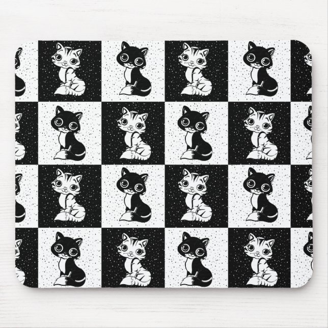Black White  Cat Monogram Block Print Mouse Mat (Front)