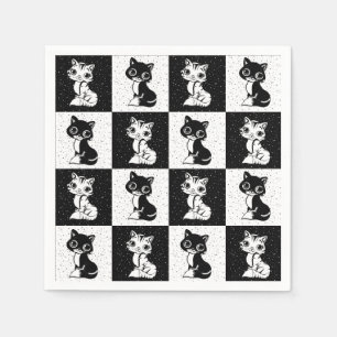 Black White Cat Monogram Block Print Napkin