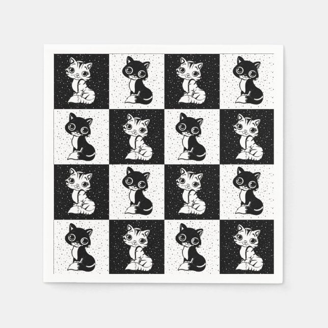 Black White  Cat Monogram Block Print Napkin (Front)