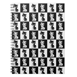 Black White Cat Monogram Block Print Notebook