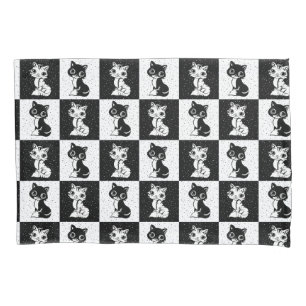 Black White  Cat Monogram Block Print Pillowcase