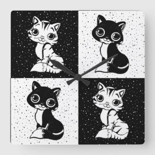 Black White Cat Monogram Block Print Square Wall Clock