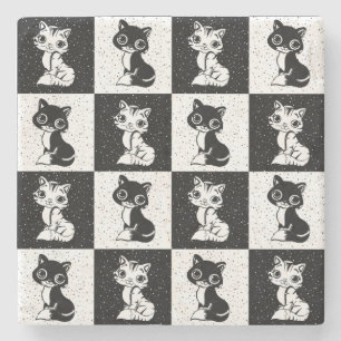 Black White  Cat Monogram Block Print Stone Coaster