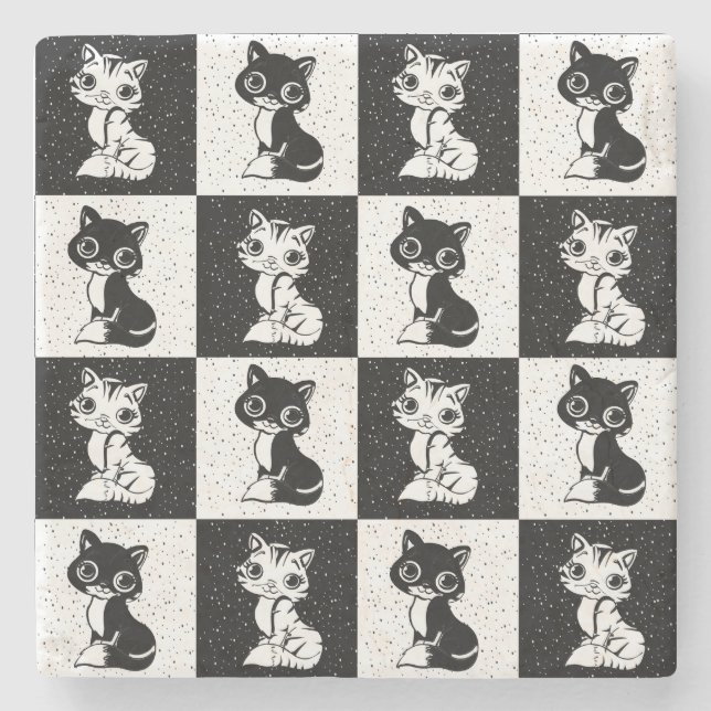 Black White  Cat Monogram Block Print Stone Coaster (Front)