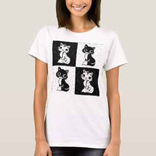 Black White  Cat Monogram Block Print T-Shirt