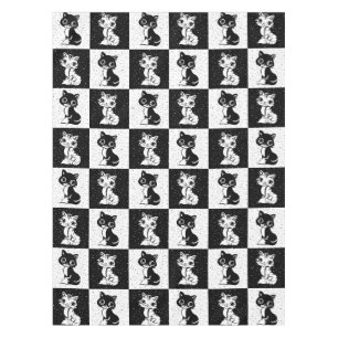 Black White  Cat Monogram Block Print Tablecloth