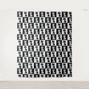 Black White Cat Monogram Block Print Tapestry