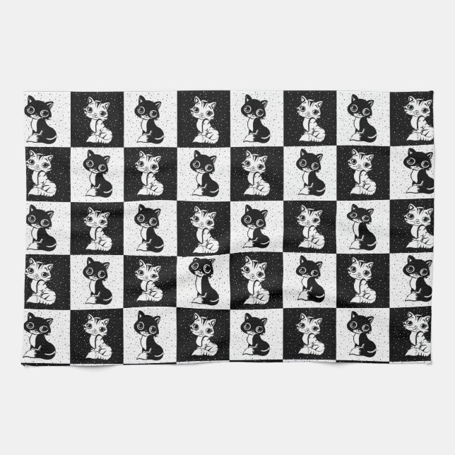 Black White  Cat Monogram Block Print Tea Towel (Horizontal)