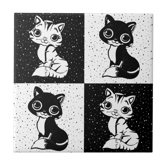 Black White  Cat Monogram Block Print Tile (Front)