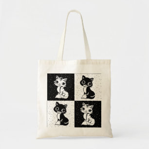 Black White Cat Monogram Block Print Tote Bag