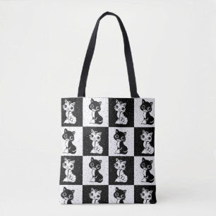 Black White  Cat Monogram Block Print Tote Bag