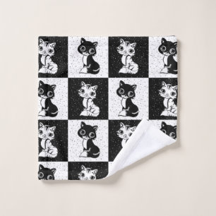Black White Cat Monogram Block Print Wash Cloth