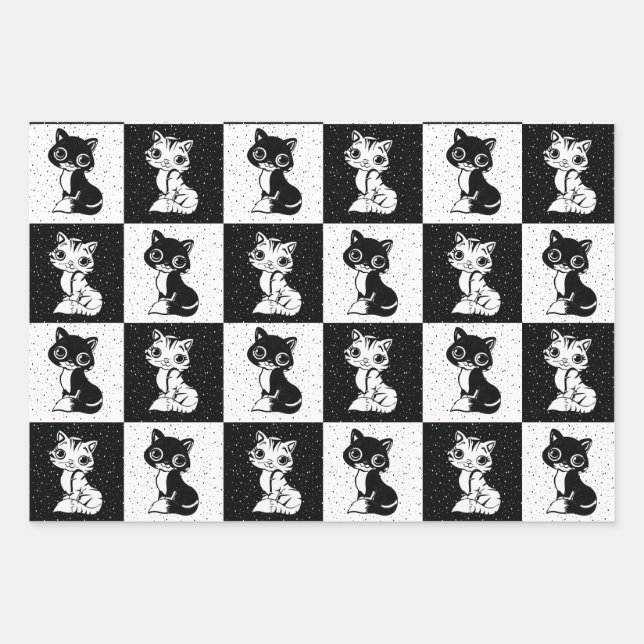 Black White  Cat Monogram Block Print Wrapping Paper Sheet (Front)