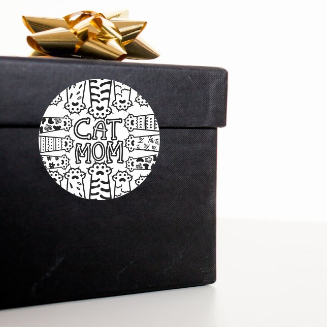 Black & White Cat Mum Paw Print Design Classic Round Sticker (Creator Uploaded)