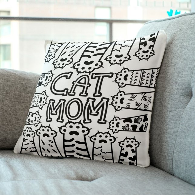 Black & White Cat Mum Paw Print Design Cushion (Creator Uploaded)