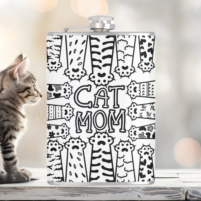 Black & White Cat Mum Paw Print Design Hip Flask (Creator Uploaded)