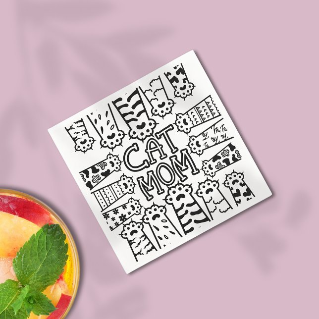 Black & White Cat Mum Paw Print Design Napkin (Creator Uploaded)