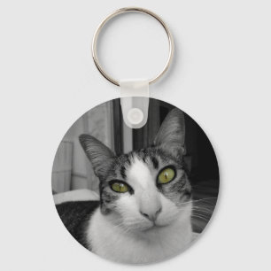 Black White Cat Photo Key Ring