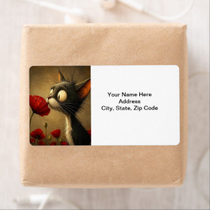 Black & White Cat Red Flower Floral Labels