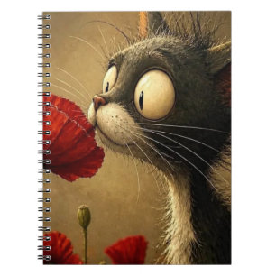 Black & White Cat Red Flower Spiral Notebook