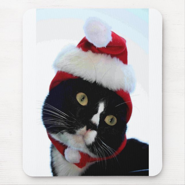 Black & White Cat Santa Hat looking left no frame Mouse Mat (Front)