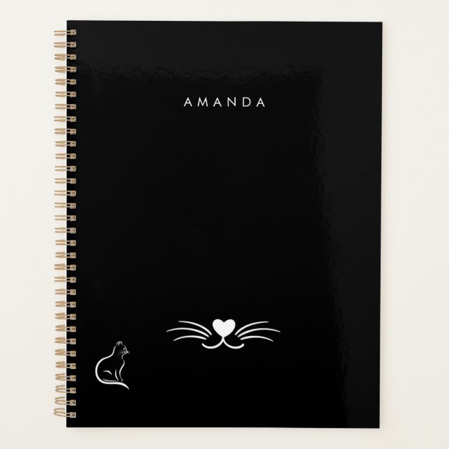 Black White Cat Simple Minimalist Personalise Planner (Front)