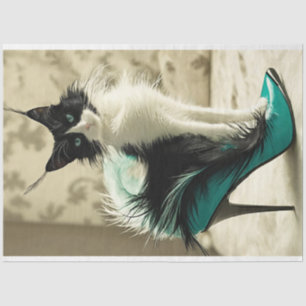 Black White Cat Sitting High Heel Shoe Decoupage Tissue Paper