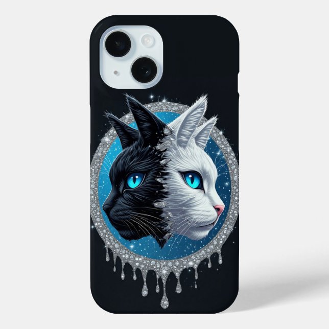 Black White Cat Split Face ✨ Blue Eyes Striking  Case-Mate iPhone Case (Back)