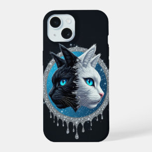 Black White Cat Split Face ✨ Blue Eyes Striking iPhone 15 Case